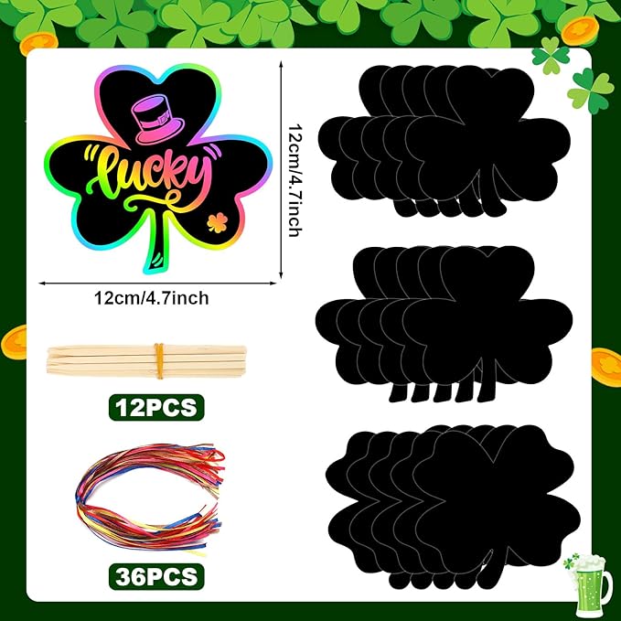 JULMELON 36 PCS St. Patrick’s Day Shamrocks Scratch Crafts Bulk Rainbow Magic Scratch Art for Kids DIY Handmade Saint Patrick’s Day Crafts for Kids St Patricks Day Classroom Party Favors Gift Tag