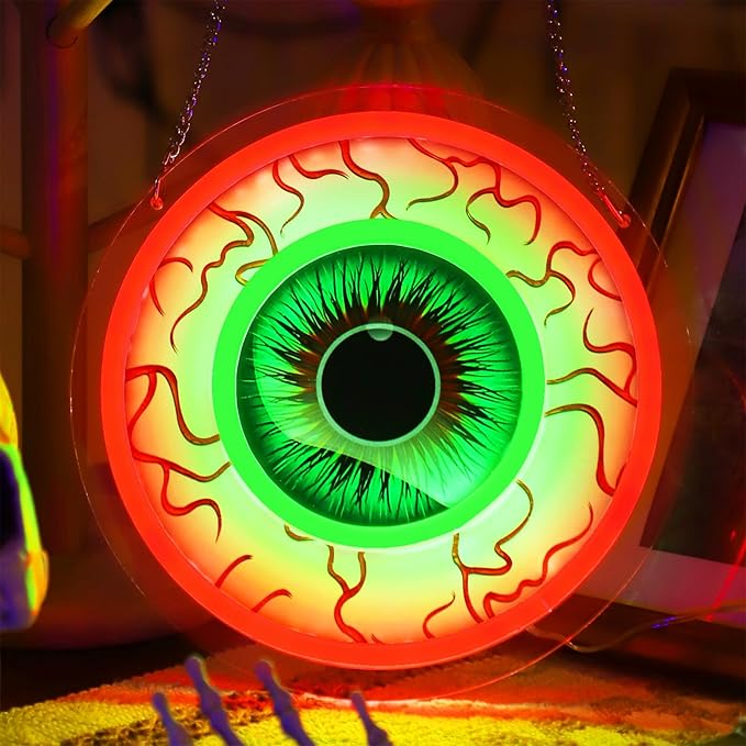 Halloween Window Decorations Indoor Lights, Eyeball Shaped Neon Signs, Red and Green Led Lights Battery Operated Or USB Powered,Cute Gothic Decor for Home, Room, Wall, Office, Mental(1Pack)