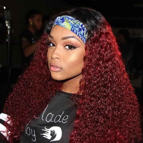 Kislemon Curly Headband Wig for Black Women, Ombre Dark Red 100% Unprocessed Human Hair Wigs, Burgundy Color Red Wine None Lace Front Wigs with Headband (24'', 1B/Burgundy, Curly), Ombre 1B/99J, Curly