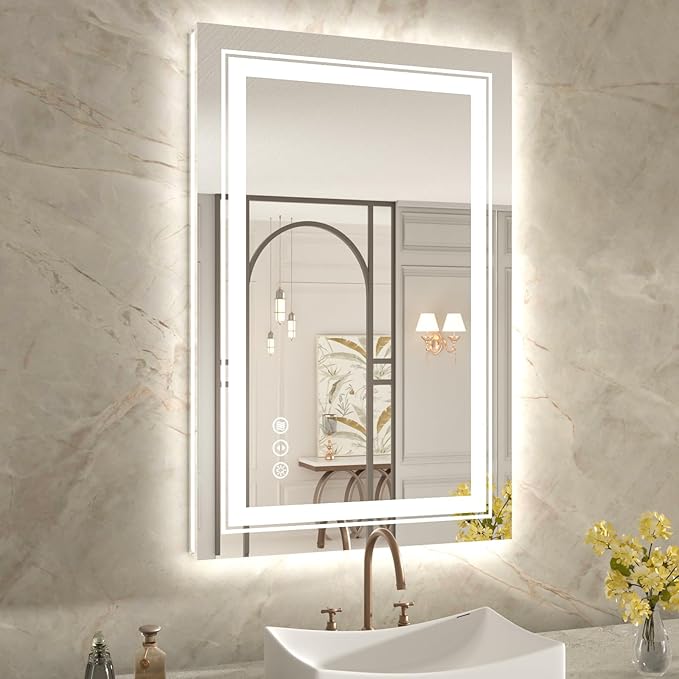 WTTY LED Bathroom Mirror with Backlit and Front Light,24"x36",Dimmable LED Mirror for Bathroom,Anti-Fog Lighted Bathroom Vanity Mirror Modern for Wall,Memory Function,Shatter-Proof