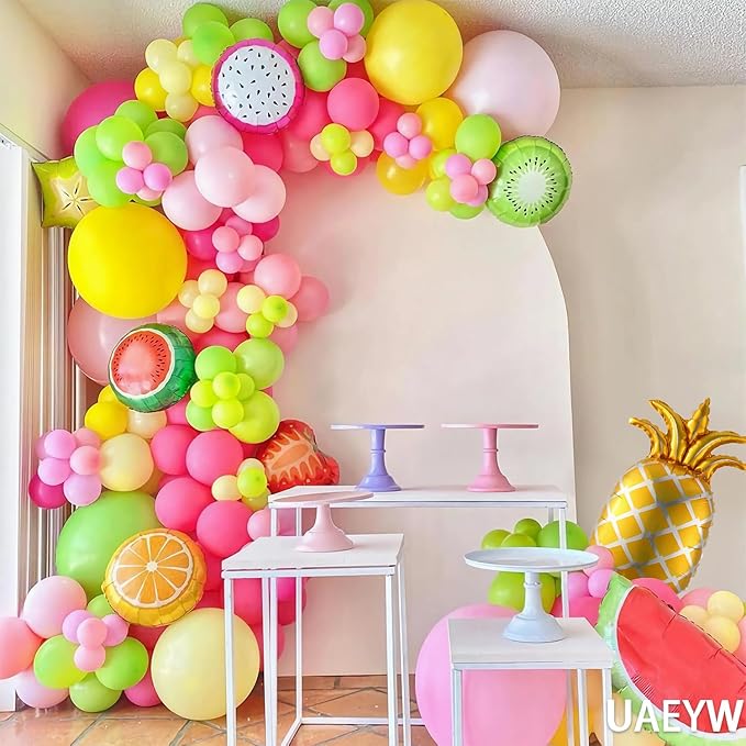 149pcs Twotti Fruity Balloon Arch Kit - Pastel Pink Yellow Green Citrus Balloons with Watermelon Pineapple Tropical Mylar Foil Balloons for 2nd Birthday Summer Party Decor