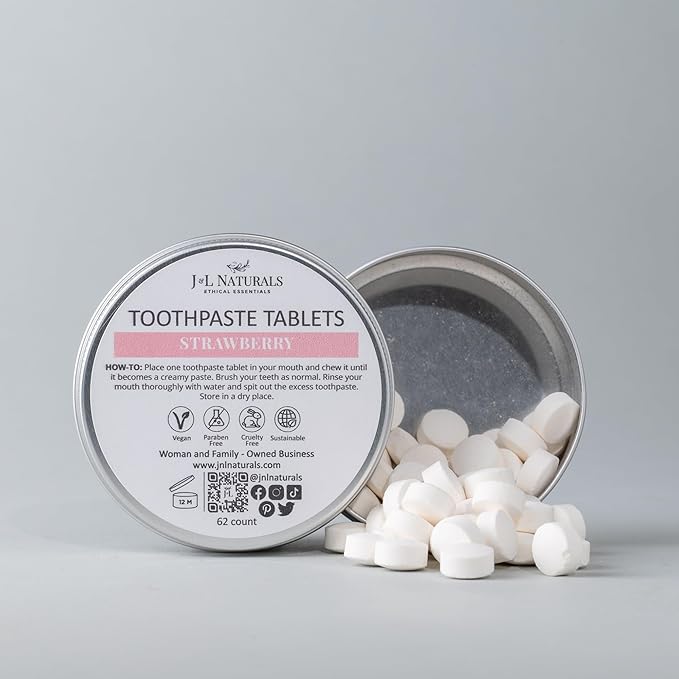 J&L Naturals Toothpaste Tablets | 62-Pack Travel-Friendly Toothpaste | Fluoride + Plastic Free, Vegan, Cruelty Free, Sustainable | Woman-Owned Small Business (Strawberry, 62 Count (Pack of 2))