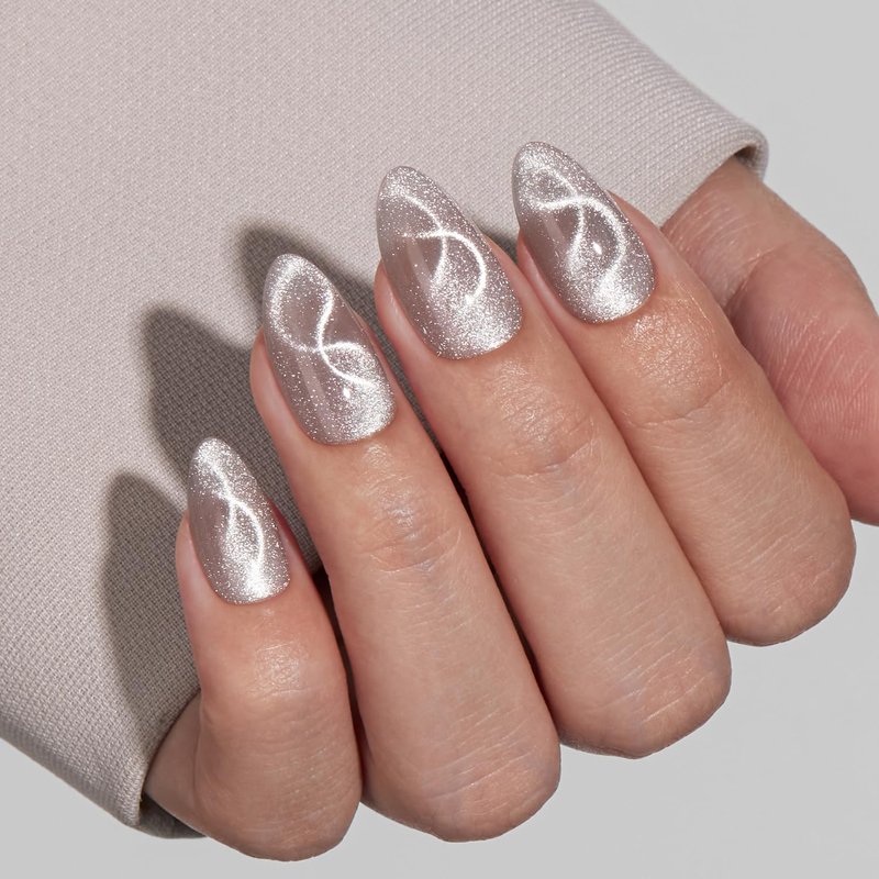 VSALON Press On Nails Short Almond- Cat Eye Silver Shimmer Nails Kit