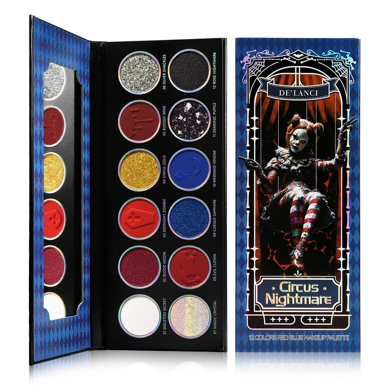 DE'LANCI Red Blue Multichrome Eyeshadow Palette, High Pigment Metallic Silver Shimmer Eyeshadow for Goth, Clown/Joker Smoky Makeup, Longwear Vegan Chameleon Iridescent Black Halloween Cosplay Party