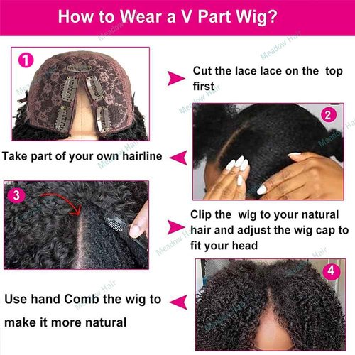 Meadow hair Afro Kinky Curly V Part Wig Human Hair Brazilian Virgin Upgrade U Part Wigs Glueless Afro Curly 180 Density Vpart Wig No Leave Out For Black Women 14Inch
