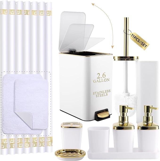 11PCS Bathroom Sets with Shower Curtain and Rugs Bathroom Accessories Set White Bathroom Set,Soap Dispenser & Toilet Brush Holder Set with Stainless Steel Trash Can