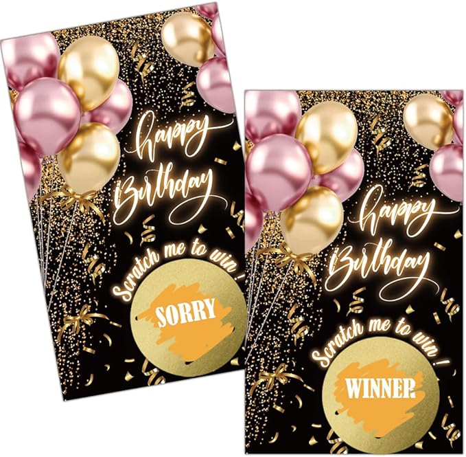Haizct 50 Pack Black Gold Birthday Party Scratch Off, Black Gold Glitter Balloons Scratch Card for Birthday Partys Lottery Group Game Party Raffle Tickets, Bridal Shower Bachelor Game