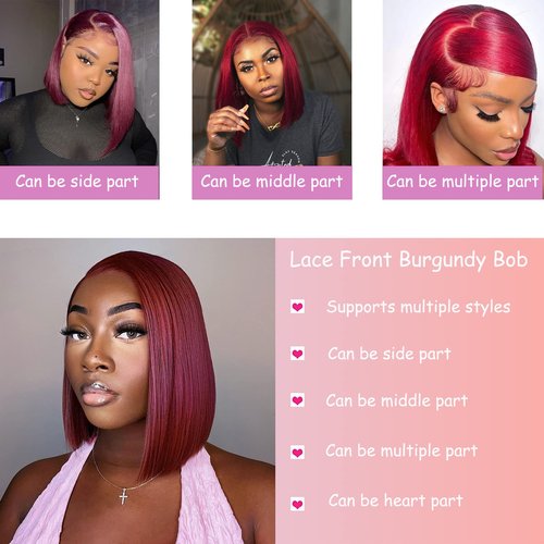 Keytac Wear and Go Glueless 99J Burgundy Bob Wigs Human Hair 16 Inch Pre Cut 99J Bob Lace Front Wigs Human Hair with Baby Hair Straight HD Transparent Bob Lace Frontal Wig Short Wigs for Black Women