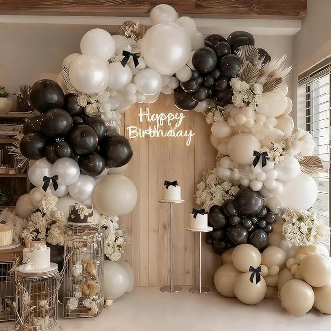 Black White Balloon Arch, Double Stuffed Pearl White Black Bow Balloon Garland Cream Ivory Sand Latex Balloons for Birthday Wedding Bridal Shower Engagement New Year Party Decorations