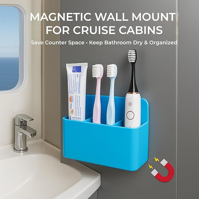 Cruise Essentials 2026 – Magnetic Toothbrush Holder for Cruise Ship Cabin, Wall-Mounted Cruise Bathroom Organizer, Travel Toothbrush Holder for Caribbean Cruise & Alaskan Cruise Must Haves (Blue)