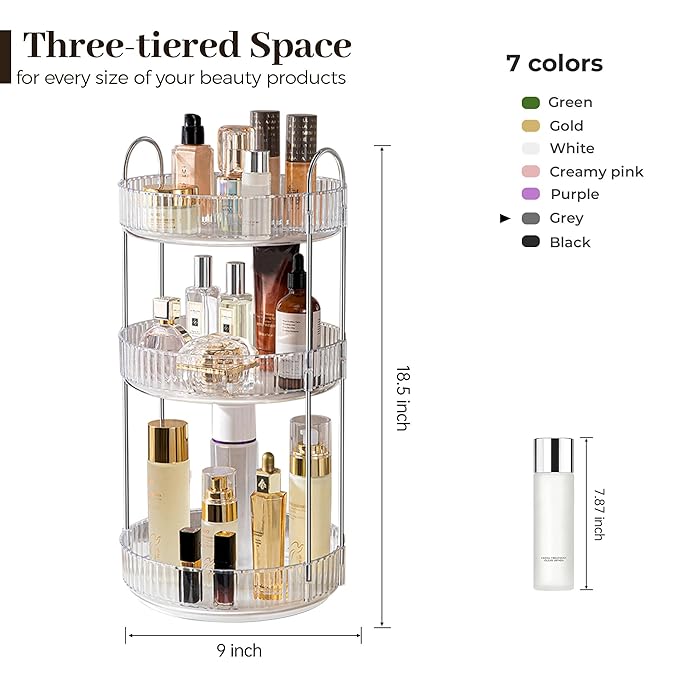 Aveniee Rotating Makeup Organizer for Vanity, 3 Tier Perfume Skincare Organizers and Storage for Bathroom Countertop, Clear Spinning Counter Cosmetic Holder for Dresser,Grey