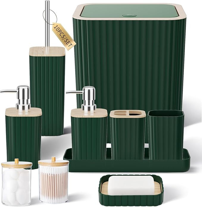 Bathroom Set - Elegant Green Bathroom Set, 10PC Green Bathroom Accessories Set, Bathroom Sets with Toilet Brush, Bathroom Trash Can