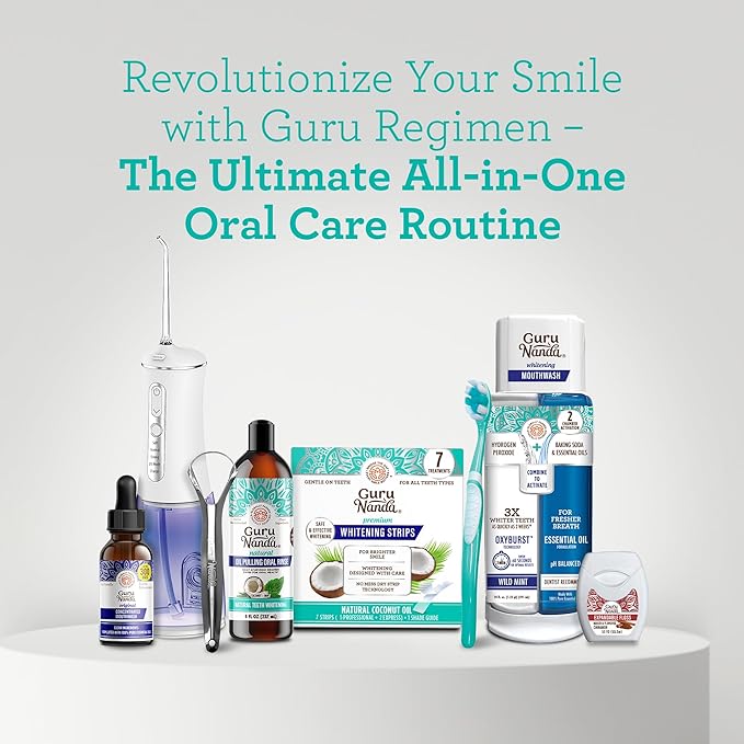 GuruNanda 7-Step Regimen 1.0 - Oil Pulling, Toothbrush, Tongue Scraper, Floss, Water Flosser, Mouthwash, Whitening Strips for Complete Oral Care (Pack of 8)
