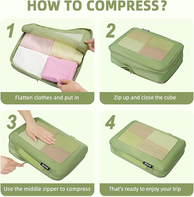 BAGAIL 4 Set/6 Set/8 Set Compression Packing Cubes Travel Accessories Expandable Packing Organizers (Square Mesh, 06-Matcha Green)