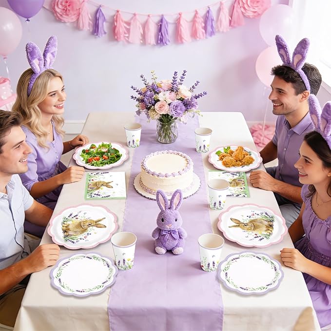 250Pcs Easter Bunny Party Decorations Scalloped Watercolor Bunny Floral Plates Napkins Cups Disposable Cute Rabbit Flowers Tableware Set for Easter Spring Holiday Party Supplies Serves 50