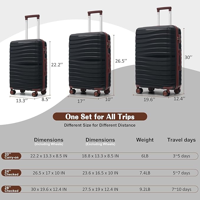 Hardside Luggage Sets, Lightweight Wave Suitcase with Spinner Wheels, PP Black