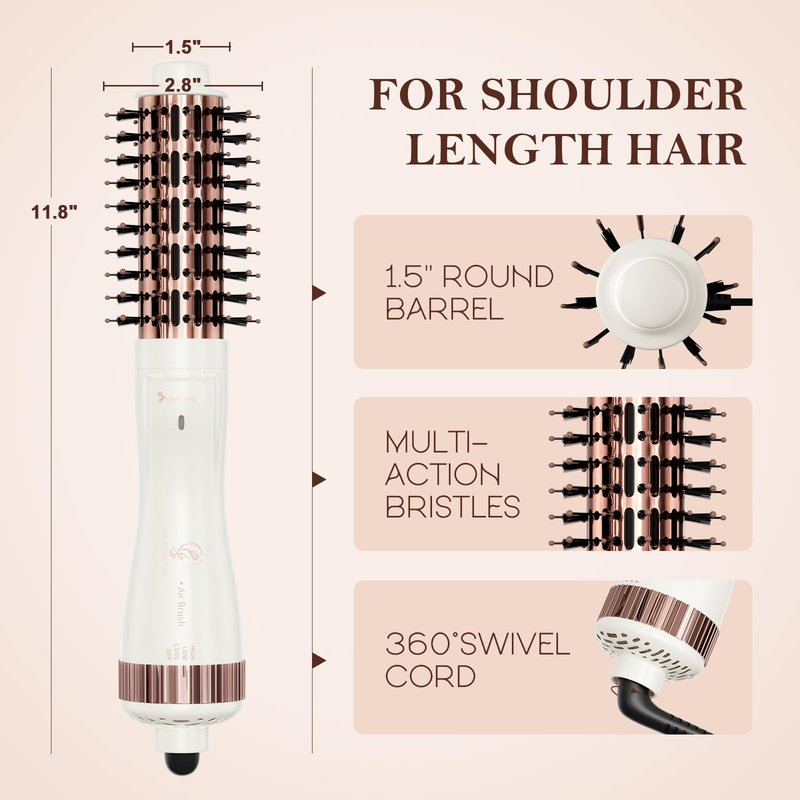 1.5 Inch Barrel (2.8'' Plus Bristles) Dual Voltage(110~250V) Round Brush Blow Dryer for Should Length Hair, Hair Dryer Brush with European Plug Adapter, 4-in-1 Negative Ionic One Step Volumizer Dryer