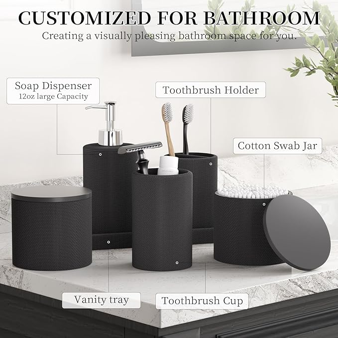 6-Piece Black Bathroom Set - Mesh Textured Resin Bathroom Accessories Set with Soap Dispenser, Toothbrush Holder, Cup, Vanity Tray & Apothecary Jars for Small Spaces