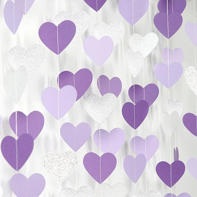 Purple Silver Birthday Party-Decorations Streamers - 52FT Graduation Hanging Heart Garland Banner,Valentines Baby Bridal Shower Engagement Wedding Anniversary Bachelorette Backdrop Decor Hugtmr