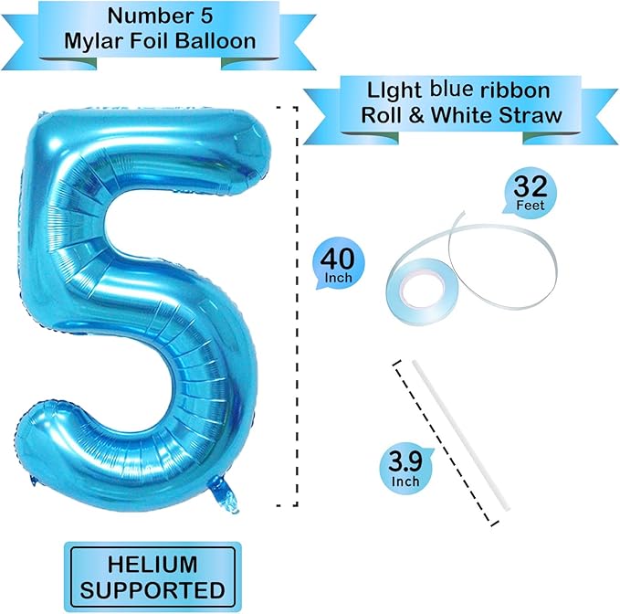 Blue 40 Inch Number 5 Balloon, Mylar Foil Balloon for Birthdays, Anniversaries, Graduation, Party Decoration
