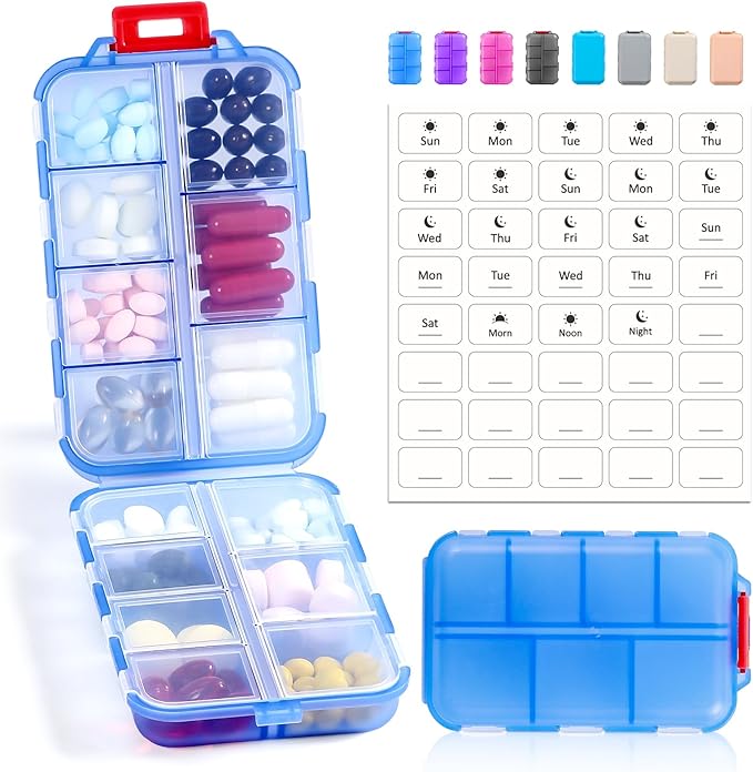 14 GRIDS Travel Pill Organizer Box with Labels - Travel Medicine Case Kit - Pocket Daily Pharmacy Container - Travel Medication Holder Dispenser for Fish Oil Vitamin Supplement Storage - Clear Blue