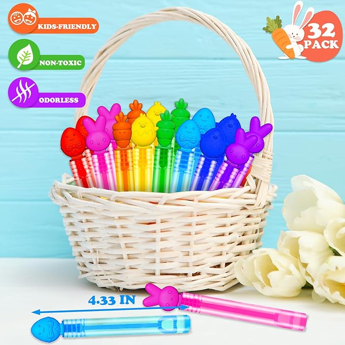 Easter Basket Goodie Bags Stuffers for Kids,32 Pack Mini Bubbles Party Favors for Toddlers,Easter Gift Treat Goody Bags Pinata Fillers,Easter Essentials Stuff Non Candy Classroom Prizes for Boys Girls
