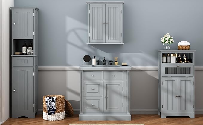 ChooChoo 67" Tall Bathroom Storage Cabinet Freestanding with Adjustable Shelves, Narrow Storage Linen Cabinet with 2 Doors and 1 Drawers for Bathroom, Living Room, Kitchen, Grey