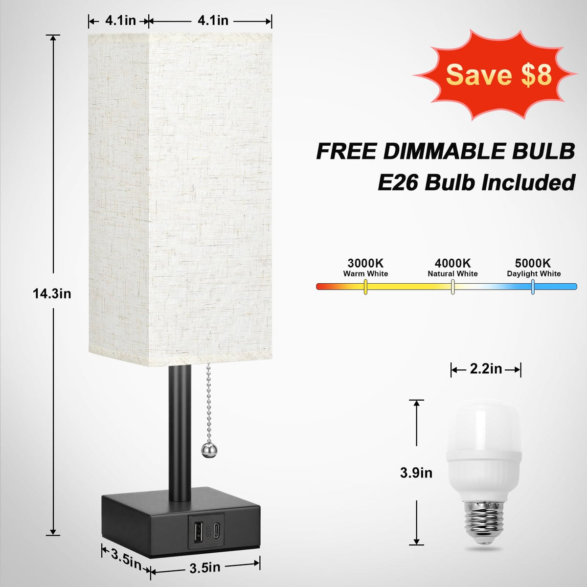 Bedside Table Lamp with 3 Color Temperatures - 3000/4000/5000K Small Lamp with USB C+A Ports, Nightstand Lamp with 3 Color Modes by Pull Chain, Bedroom Lamp for Living Read Work(LED Bulb Included)