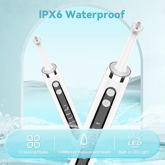 Tooth Polisher with 5 Replacement Heads and Clean Mode, Tooth Polisher Electric Professional USB Charging, IPX6 Waterproof for Adults & Kids White