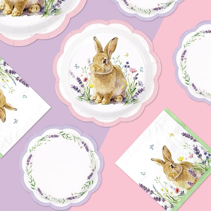 250Pcs Easter Bunny Party Decorations Scalloped Watercolor Bunny Floral Plates Napkins Cups Disposable Cute Rabbit Flowers Tableware Set for Easter Spring Holiday Party Supplies Serves 50