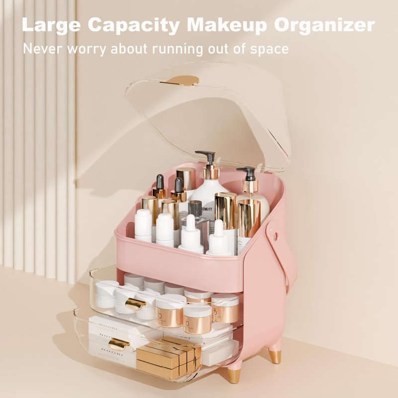 Makeup Organizer Countertop With Lid And Drawers Large Skin Care Cosmetic Display Case Holder for Vanity Desk Bathroom Storage Box,Pink