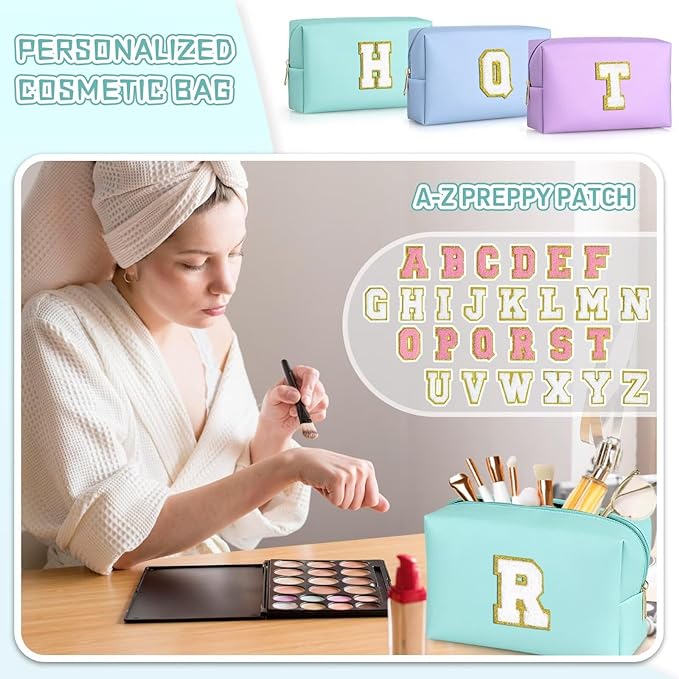TOPEAST Personalized Makeup Bag, Chenille Letter Pouch Cosmetic Bag w Zipper, PU Leather Waterproof Toiletry Bag, Bridal Shower Gifts for Bridesmaids, Cute Stuff for Girls (Blue P)