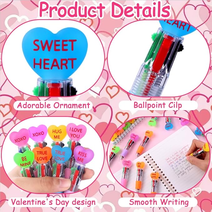 24pcs Valentine's Day Hearts Pens Cute Cartoon Multicolor Pen Fun 4-in-1 Pens Bulk Be Mine Love XOXO Valentines Stationery Party Favors School Supplies Students Rewards