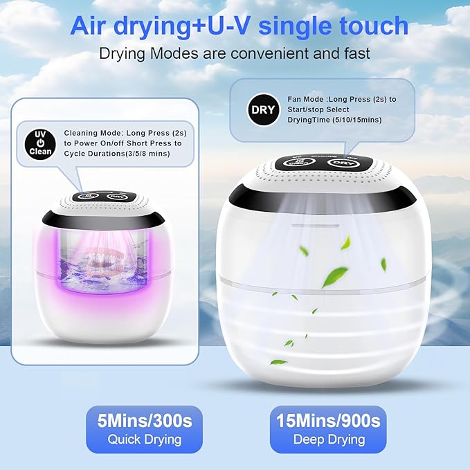 Retainer Cleaner ultrasonic，45kHz 180ml ultrasonic cleaner, cleaning and drying functions with Digital Timer，Retainer Cleaner Machine for Dentures, Mouth Guards, Braces, Jewelry (white)