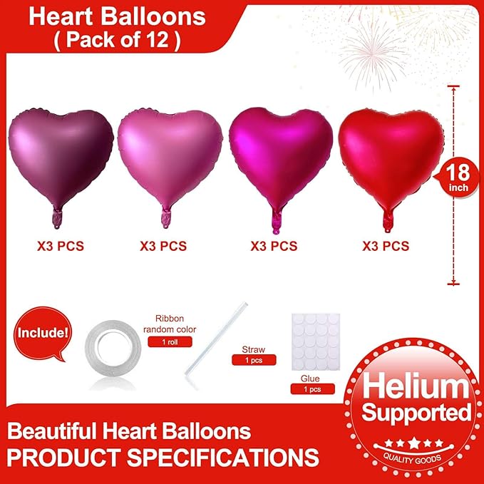 Lovoir 12 Pcs Red Heart Shape Foil Mylar Balloons 18 Inch Love Balloons for Valentine's Day Birthday Party Decorations Wedding Engagement Romantic Decor(Metallic Color)