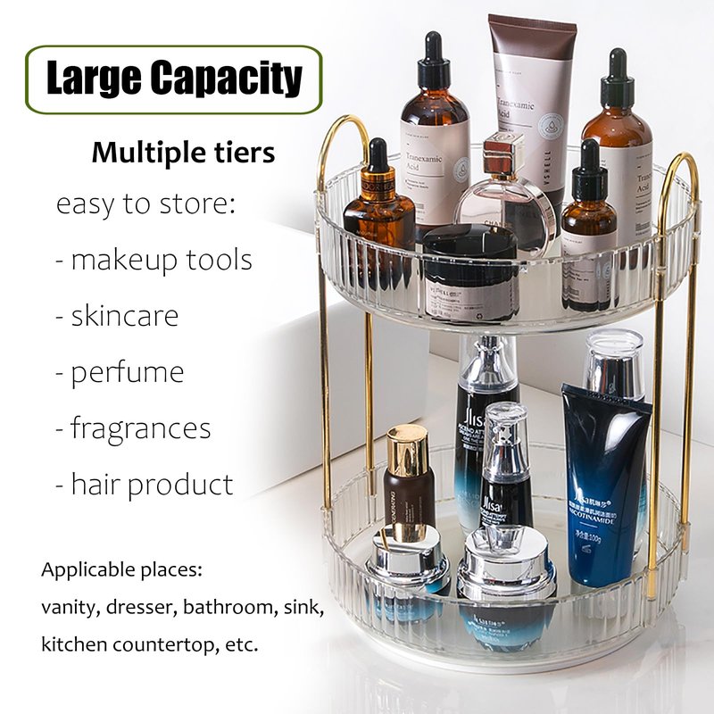 Zufudo Rotating Makeup Organizer Countertop 2 Tier Lazy Susan Trays Clear Skincare Perfume Storage for Bathroom Counter Vanity, Transparent