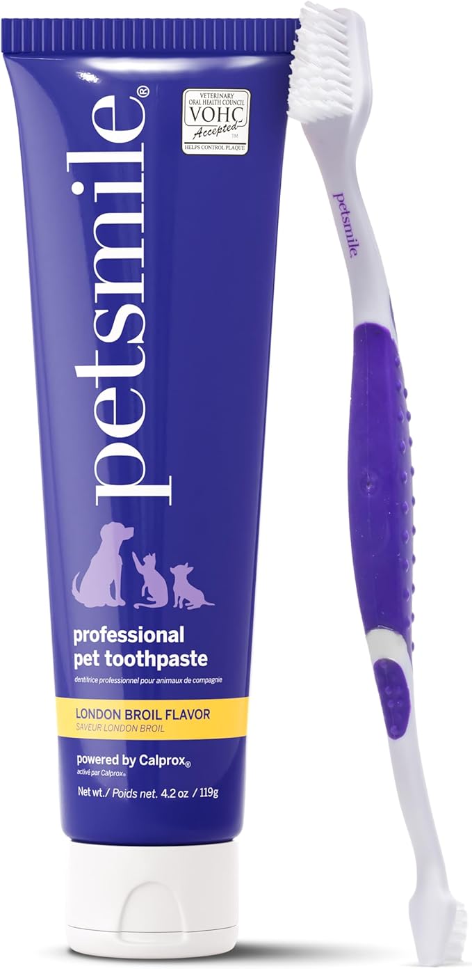 Petsmile Professional Pet Teeth Brushing Kit for Cats & Dogs- Only VOHC Accepted Toothpaste & Patented Toothbrush - Proven to Control Plaque & Tartar Calprox Formula (London Broil, 4.2 Oz)