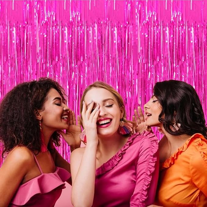 3Pack Pink Foil Fringe Curtain Backdrop - 3.3ft x 8.3ft Metallic Tinsel Photo Booth Decor for Birthday Party Decorations