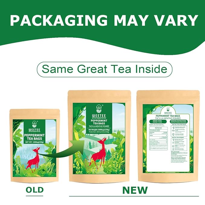 WT WEETEE Peppermint Tea Bags, Made with 100% Pure Peppermint, Fresh Minty Flavour Herbal Tea, Naturally Caffeine Free, 100 Count