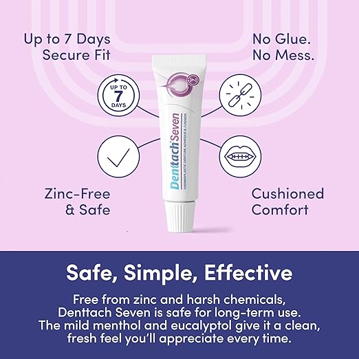 Denttach Seven Denture Adhesive, Thermoplastic Denture Cushion and Reliner, Upper and Lower Denture Comfort for Up to 7 Days, Zero Glue, Zinc Free