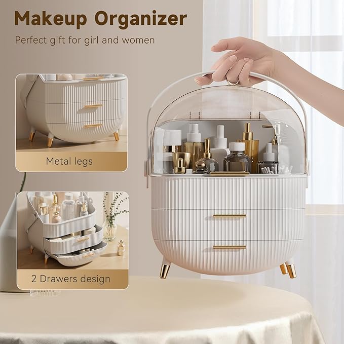 Makeup Organizers, Make Up Organizer for Vanity, Countertop Cosmetic Storage with Drawers and Transparent Cover for Bedroom Bathroom, White