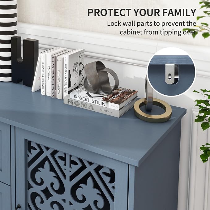 Sideboard Buffet Cabinet with Storage - Accent Storage Cabinet American Furniture, Modern 2 Door 3 Drawer Cabinet, Farmhouse Wood Credenza for Living Room, Dining Room, Entryway (Blue)