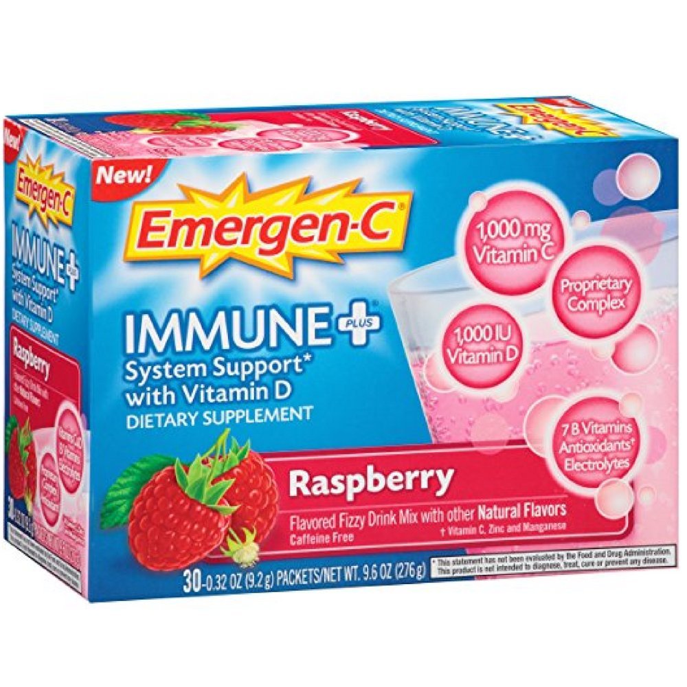 Emergen-C Immune+ Triple Action Immune Support Powder, BetaVia (R), 1000mg Vitamin C, B Vitamins, Vitamin D and Antioxidants, Raspberry – 30 Count