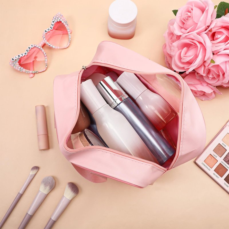 9 Pcs Translucent Make up Bag Pink Big Travel Cosmetic Makeup Toiletry Bag with Handle and Zipper Waterproof Portable Cosmetic Travels Bags for Travel Toiletries Accessories, 10.2 x 6.3 x 2.8 Inches