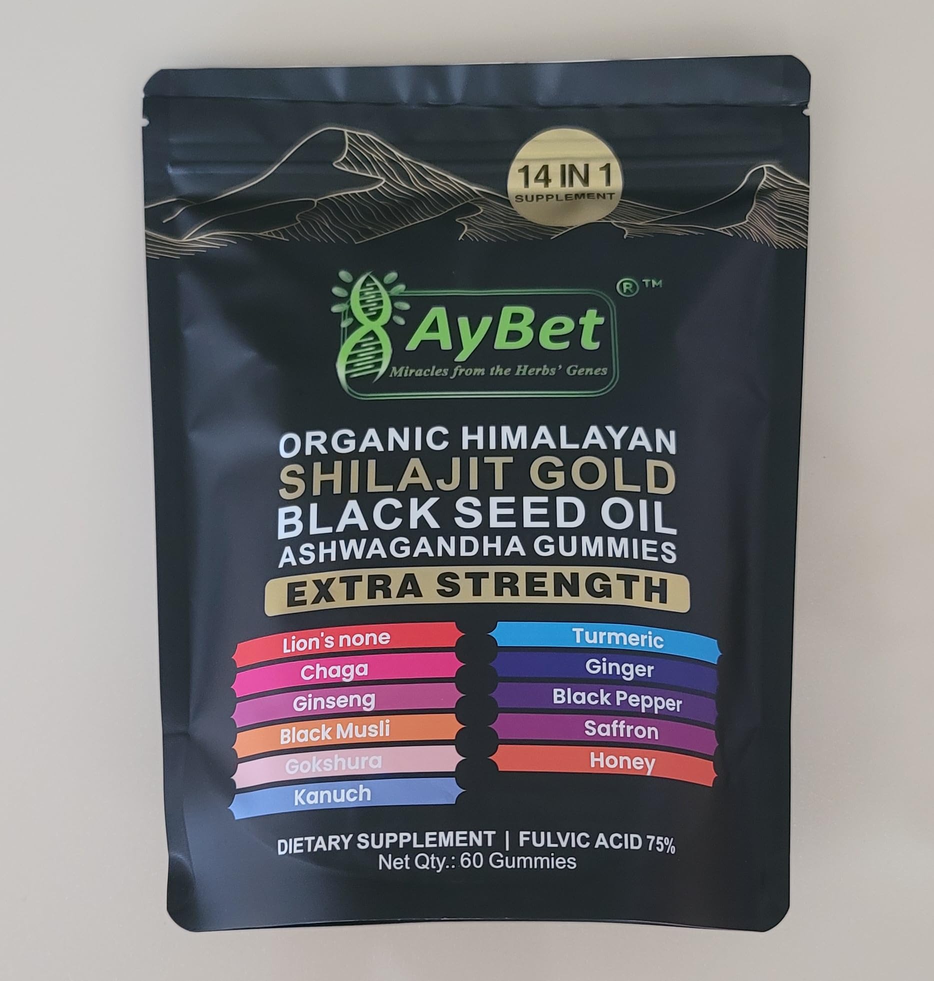 AyBet Organic Himalayan Shilajit Gold Gummies for Men and Women, Black Seed Oil, Ashwagandha, Ginseng, Turmeric, Gokshura, Lion's Mane, Lab Tested, No Sugar Added, Halal, 60Gummy