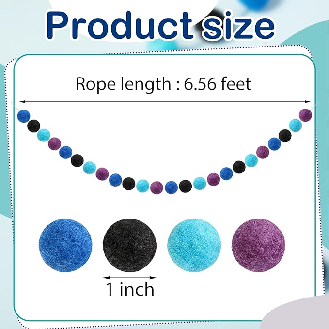 Boao 2 Pieces Wool Felt Ball Garland Colorful Pom Pom Garland Handmade 6.5 Feet Long 24 Balls Felt Banner for Wall Christmas Tree Decoration (Black,Purple,Blue)