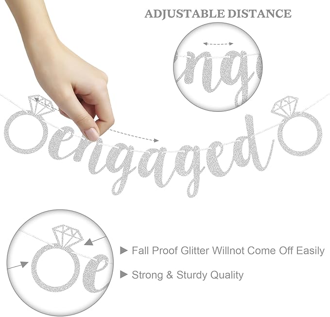 Silver Engagement Party Decorations, MR and MRS Balloons Decor, Metallic Silver Confetti Balloons, Love Heart and Diamond Ring Foil Balloon with Engaged Banner for Wedding Engagement Party Decoration