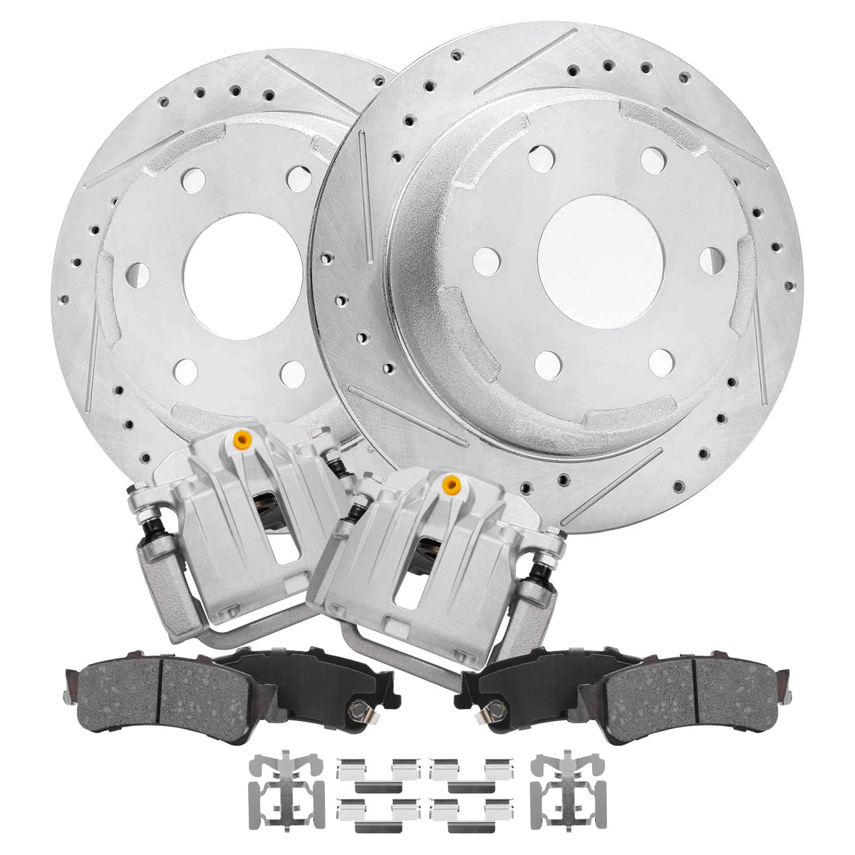 Detroit Axle - 325mm Rear Drilled & Slotted Rotors + Calipers + Ceramic Brake Pads Replacement for 2003-2006 Chevrolet GMC Silve