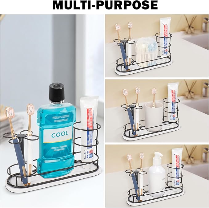 HarJue Toothbrush Holder Stand for Bathroom, Metal Toothbrush Organizer with Marble Base, Toothbrush Storage Collection for Family, Suitable for Home Hotel Countertop Vanity (Large, Matte Black)