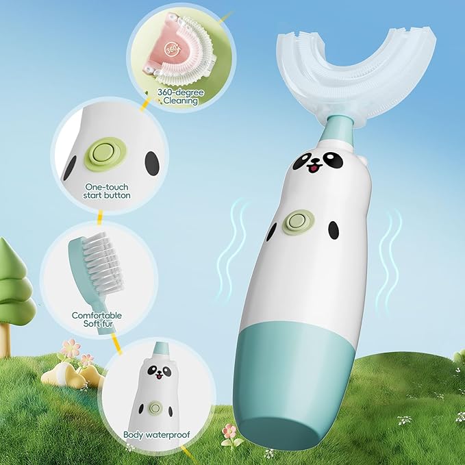 Kids U-Shaped Electric Toothbrush with 2 Brush Heads, Toddlers Sonic with 360 Degree Cleaning, Soft Bristles, Battery Included, IPX7 Waterproof, Cute cartoon for Girls and Boys, Ages 2-7 (Blue)